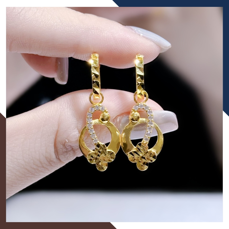 Bông tai tòn ten vàng tây 10k hình nốt nhạc đính đá phối hoa 4 cánh kiểu khuyên tròn cho nữ mã TL72