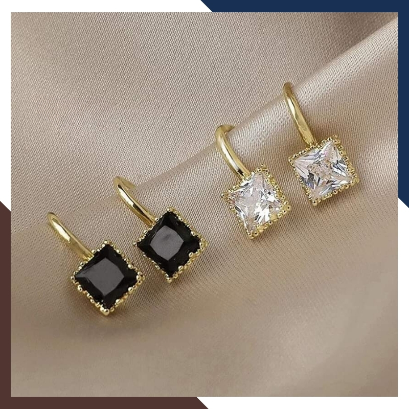 Bông tai vàng tây 10k đính đá vuông màu đen dáng móc câu trẻ trung cho nữ, mã TL21