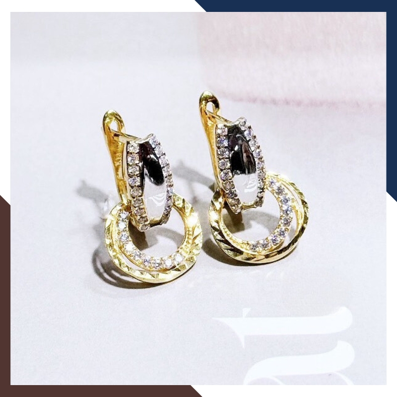 Bông tai vàng tây 10k hình đôi mắt treo vòng tròn kiểu tòn ten trẻ trung mới đẹp cho nữ, mẫu chốt bấm bật mã TL63