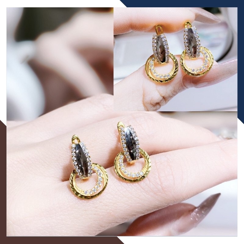 Bông tai vàng tây 10k hình đôi mắt treo vòng tròn kiểu tòn ten trẻ trung mới đẹp cho nữ, mẫu chốt bấm bật mã TL63