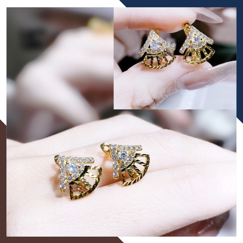 Bông tai vàng tây 10k hình quạt trẻ trung mới đẹp cho nữ, mẫu chốt bấm bật mã TL61