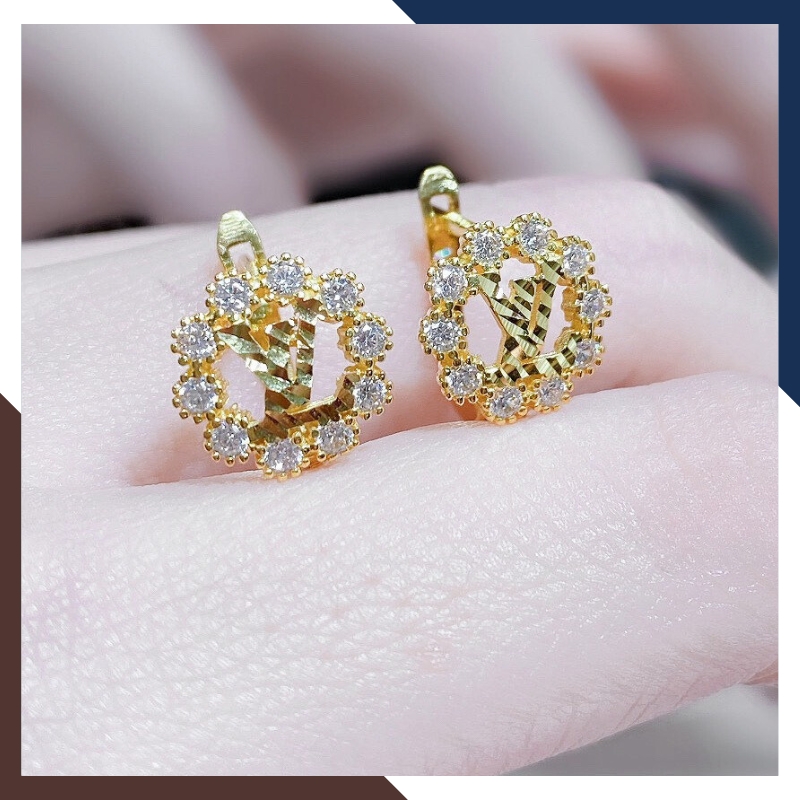 Bông tai vàng tây 10k hình tròn vòng hoa nguyệt quế trẻ trung mới đẹp cho nữ, mẫu chốt bấm bật mã TL50