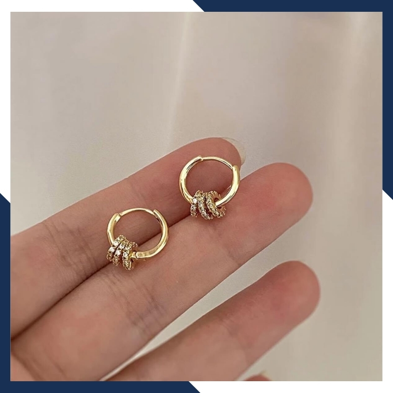 Bông tai vàng tròn trơn mix 3 vòng tròn nạm đá, hoa tai vàng tây 10k trẻ trung cho nam nữ, mã 1765TL59