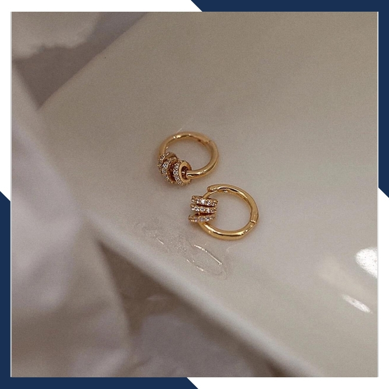 Bông tai vàng tròn trơn mix 3 vòng tròn nạm đá, hoa tai vàng tây 10k trẻ trung cho nam nữ, mã 1765TL59