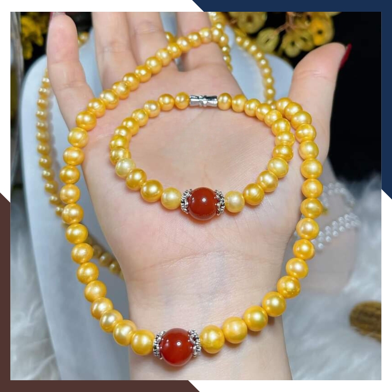 BTSNT19 – Bộ Ngọc Trai Vàng 7–8mm Phối Đá Mã Não Đỏ Đen