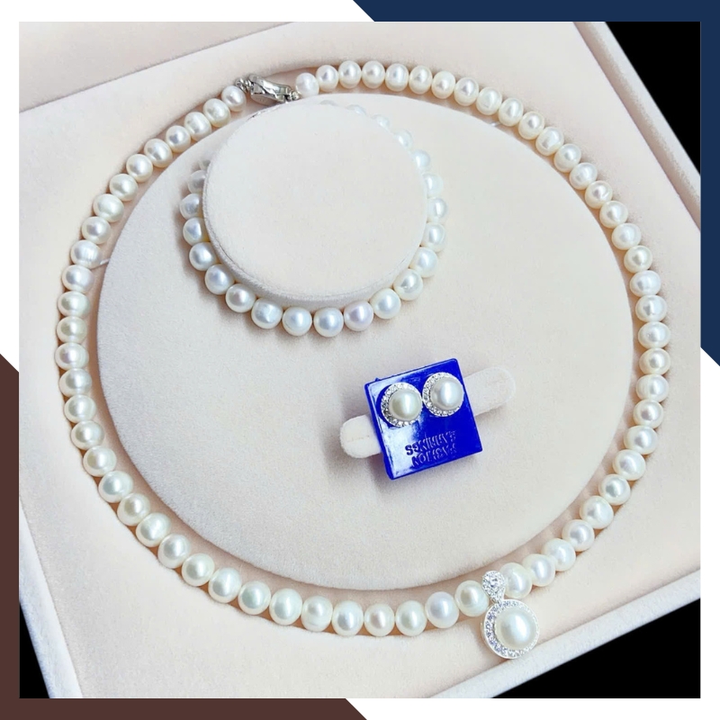 BTSNT247 – Bộ Ngọc Trai 3 Món Bạc 925 Halo 7–8mm Dòng Sự Kiện