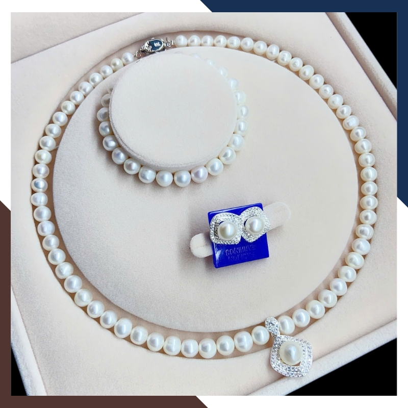 BTSNT248 – Bộ Trang Sức Ngọc Trai Cấu Trúc Hình Học Khung Vuông Quyền Lực