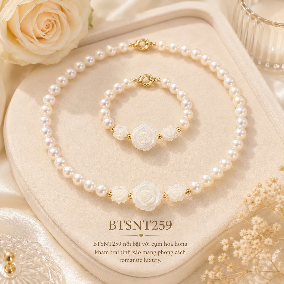 Bộ Trang Sức Ngọc Trai Freshwater Trắng Hoa Hồng Khảm Trai BTSNT259 – Romantic Luxury Thanh Lịch Và Nữ Tính