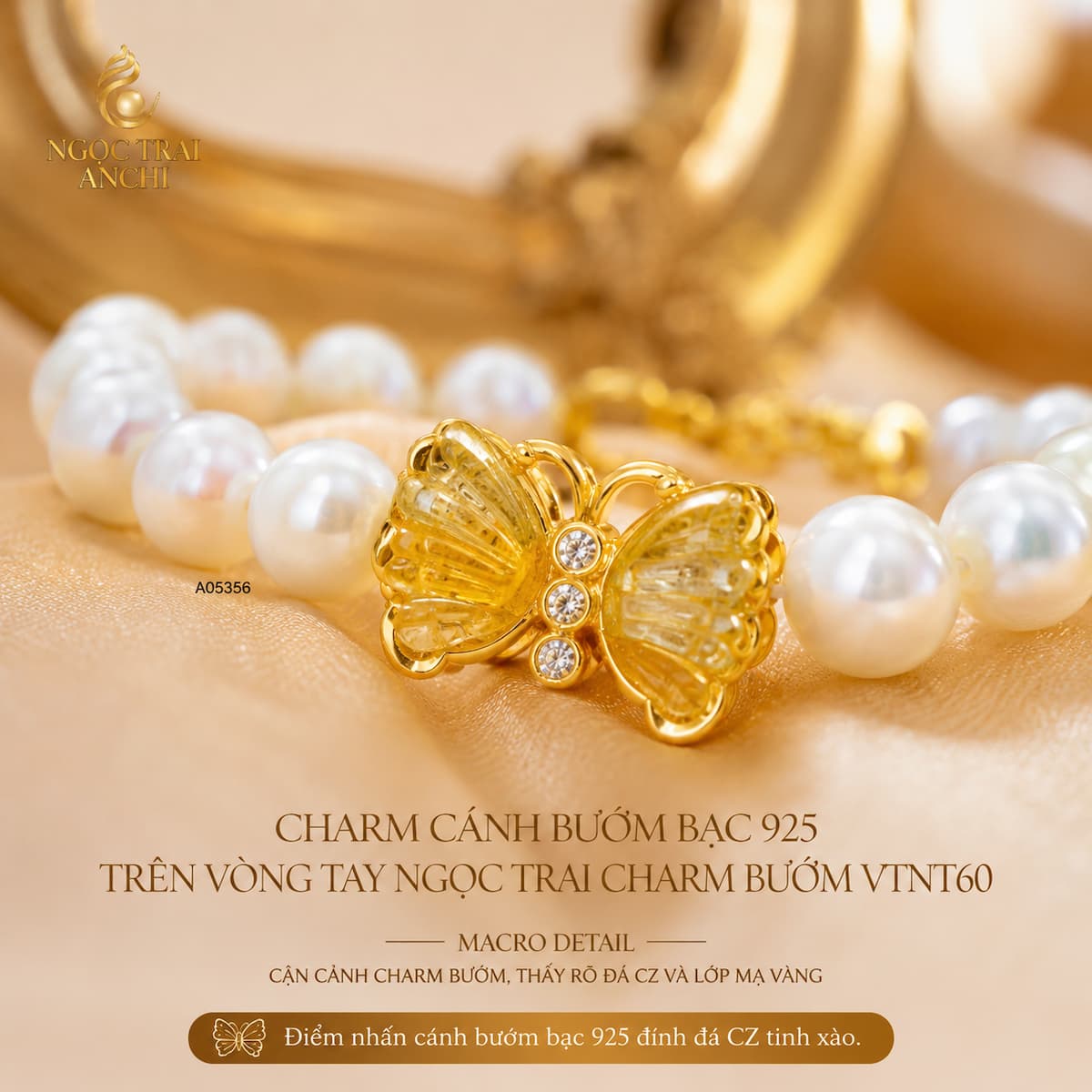 Vòng Tay Ngọc Trai Charm Bướm VTNT60 Bạc 925 Mạ Vàng – Ngọc Trai Tự Nhiên Thanh Lịch Cho Nữ