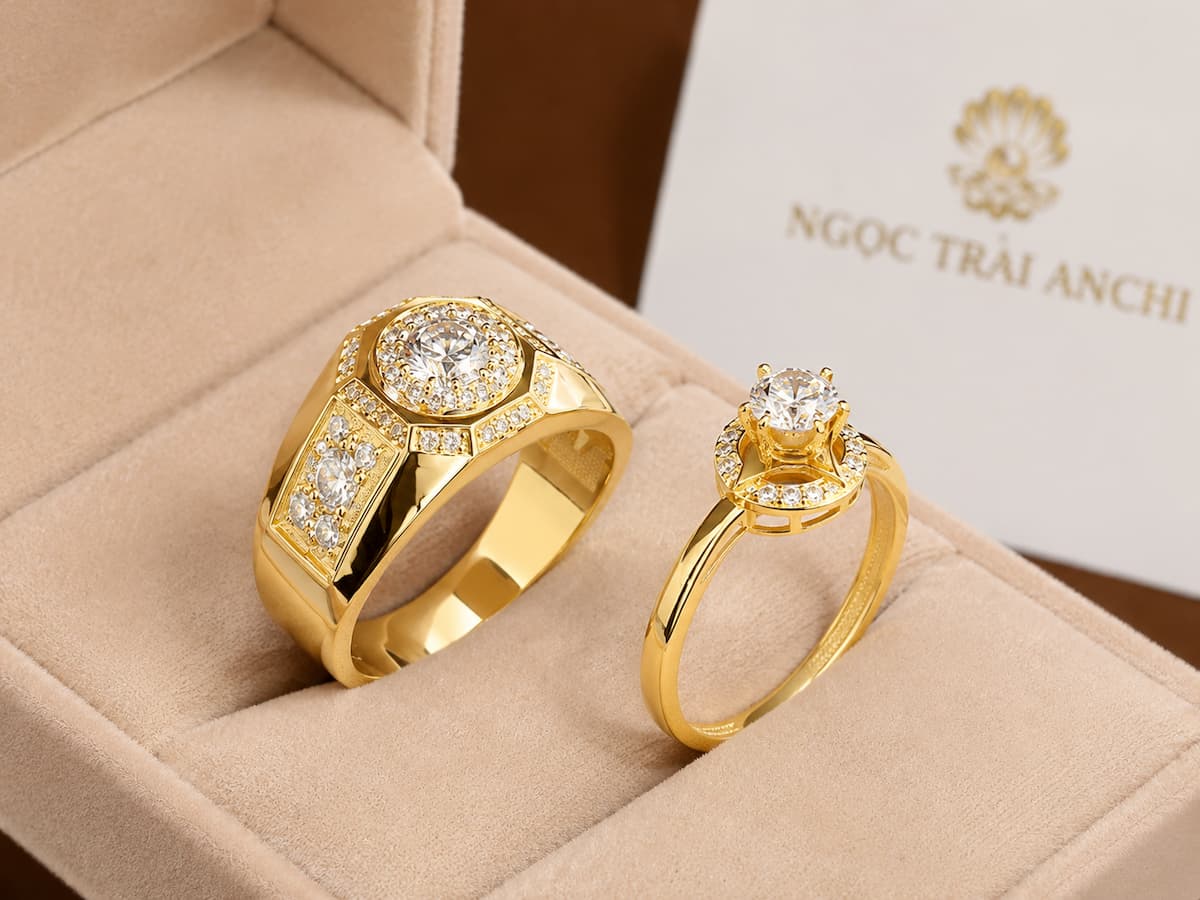 Cặp Nhẫn Cưới Vàng Tây 10K NVCD166 – Đính Đá Trung Tâm, Đồng Điệu Nam Nữ