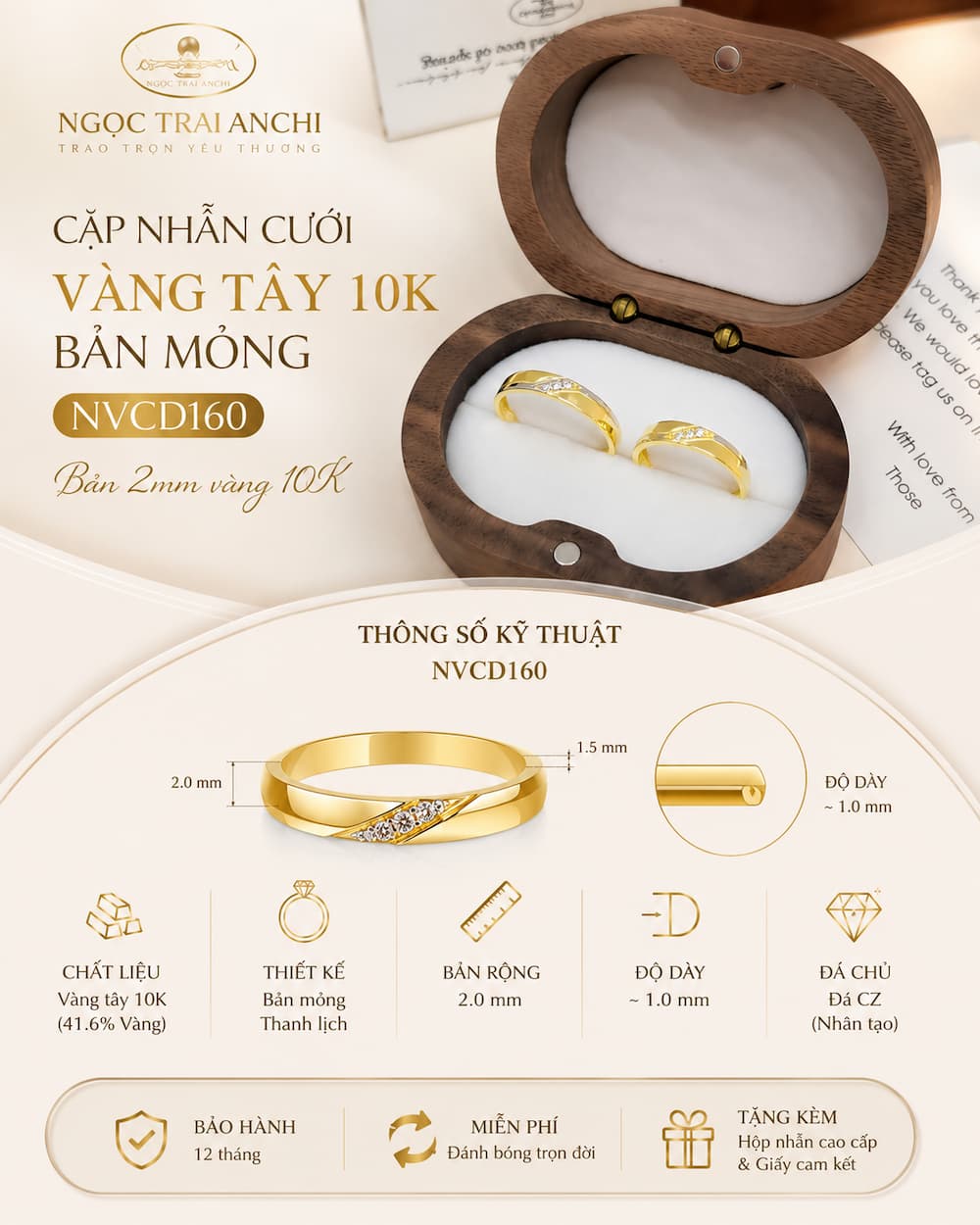 Cặp Nhẫn Cưới Vàng Tây 10K NVCD161 – Thiết Kế Đồng Điệu, Đính Đá Tinh Tế Cho Cặp Đôi Hiện Đại