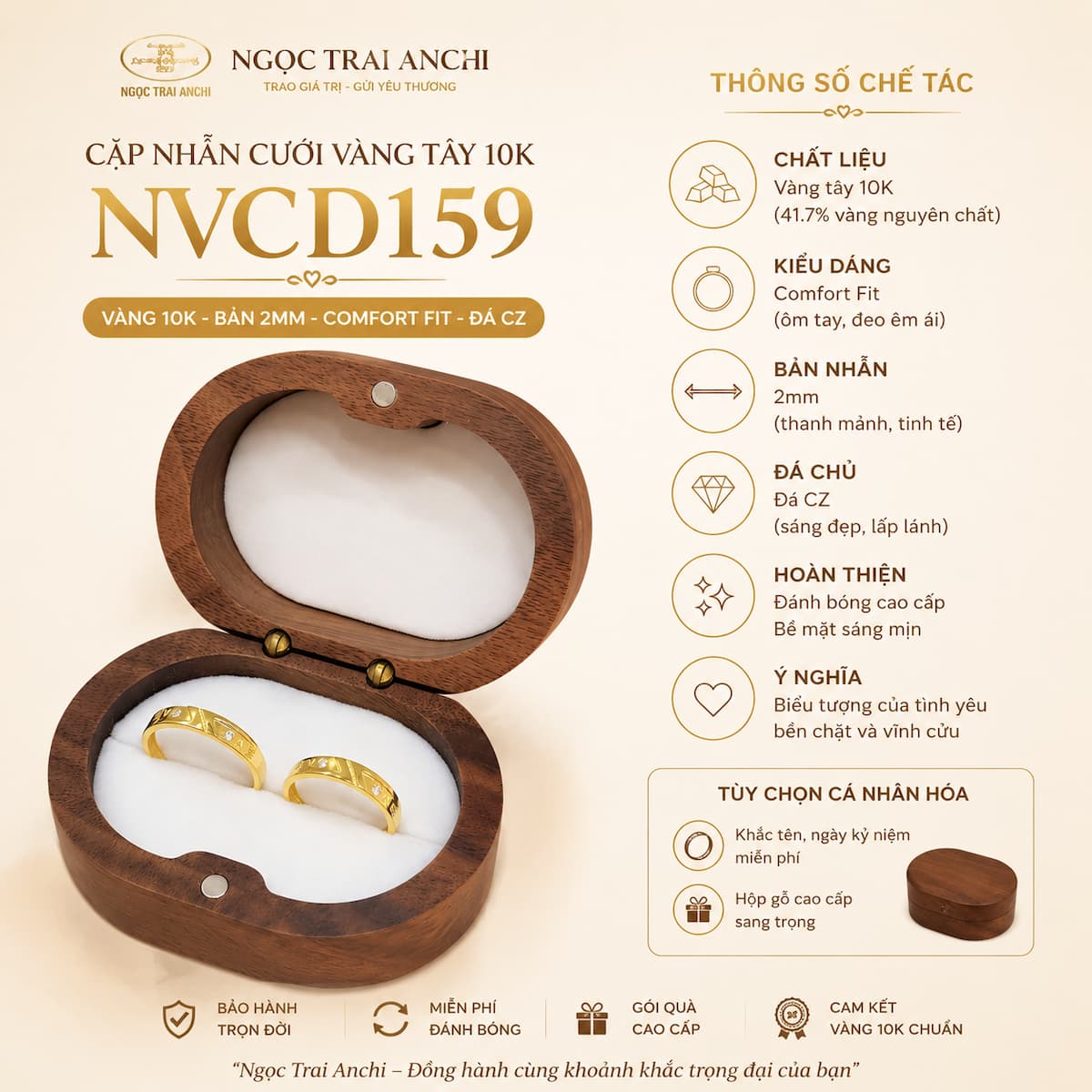 Cặp Nhẫn Cưới Vàng Tây 10K NVCD159 – Thiết Kế Hình Học Hiện Đại, Đính Đá CZ Tinh Tế, Bản 2mm Thanh Lịch