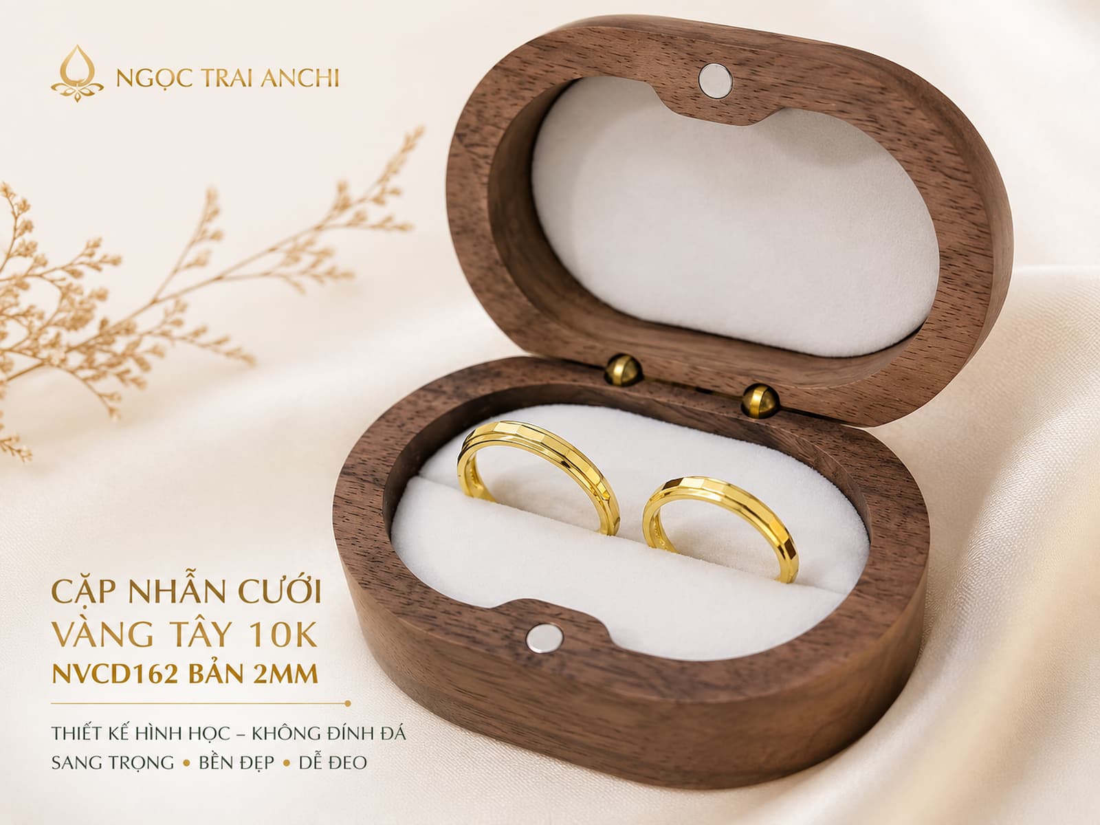 Cặp Nhẫn Cưới Vàng Tây 10K NVCD162 – Bản 2mm, Họa Tiết Hình Học