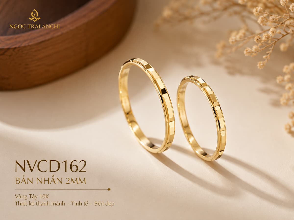 Cặp Nhẫn Cưới Vàng Tây 10K NVCD162 – Bản 2mm, Họa Tiết Hình Học