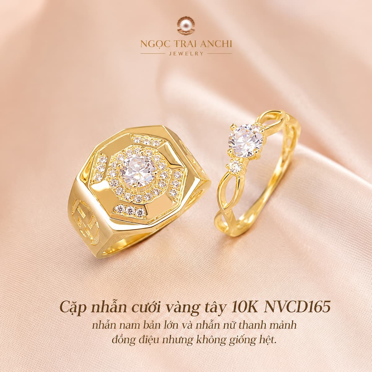 Cặp Nhẫn Cưới Vàng Tây 10K NVCD165 – Đính Đá, Nam Bản Lớn, Nữ Thanh Mảnh