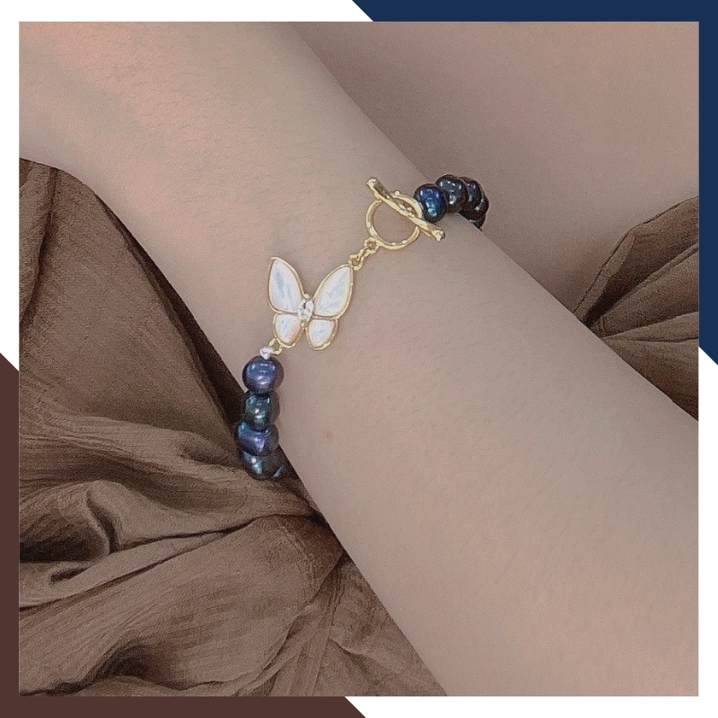 Set Vòng Ngọc Trai Đen Khóa Bướm – Choker & Vòng Tay Nữ BTSNT12