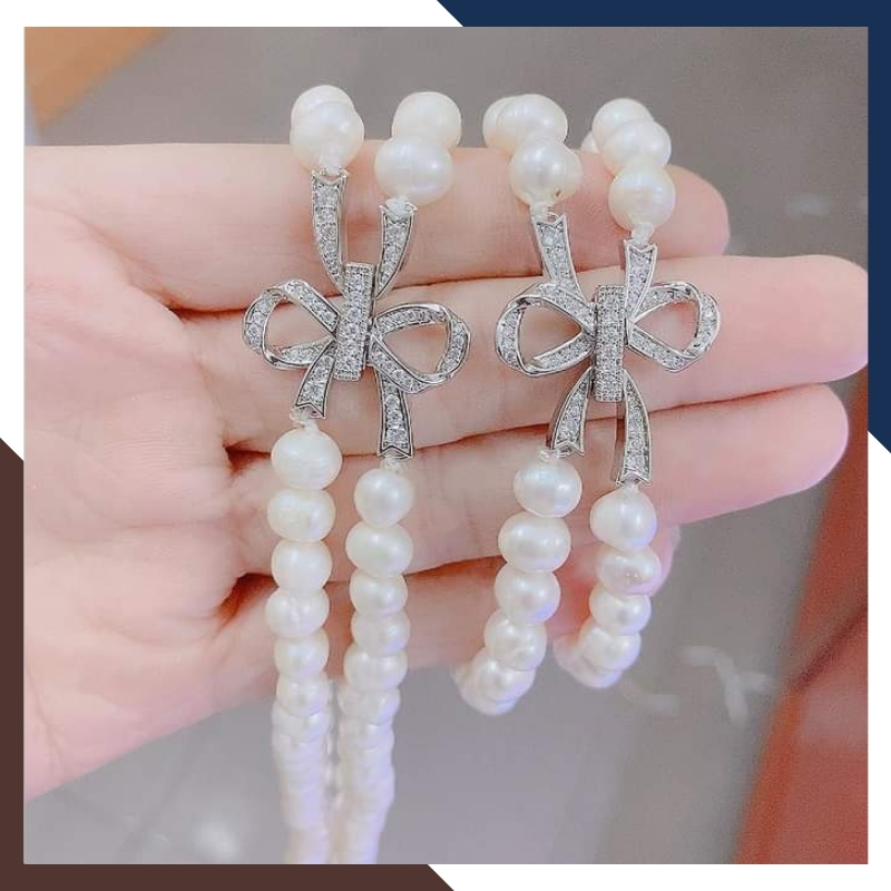 Bộ Trang Sức Ngọc Trai 2 Vòng Khóa Nơ Đính Đá | Vòng Cổ, Vòng Tay & Bông Tai BTSNT14