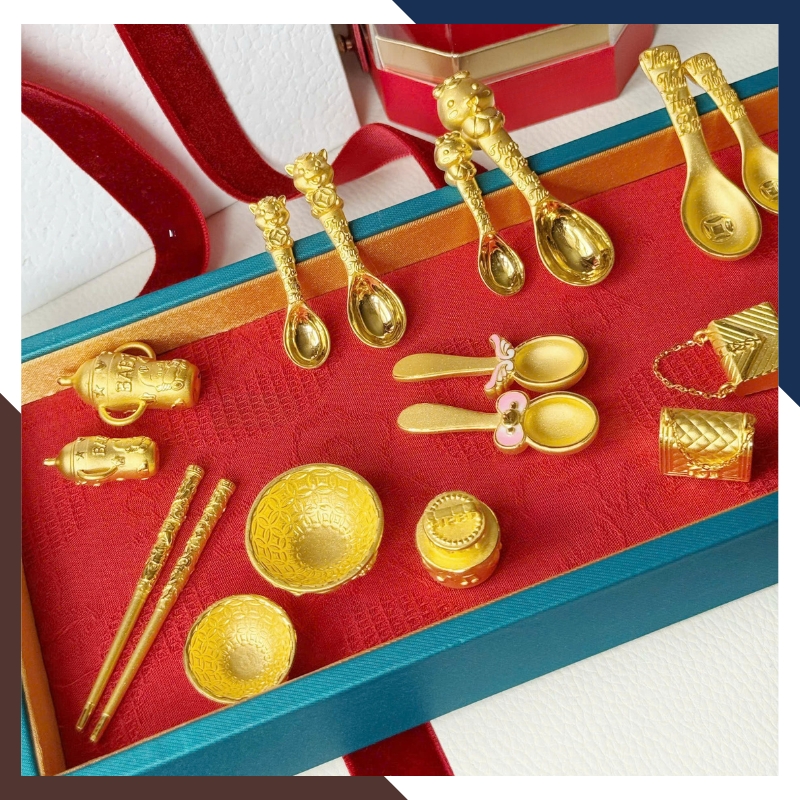 Bộ Bát Đũa Vàng Ta 24K 9999 QTV32 – Kỷ Vật Thôi Nôi Cho Bé | Ngọc Trai Anchi