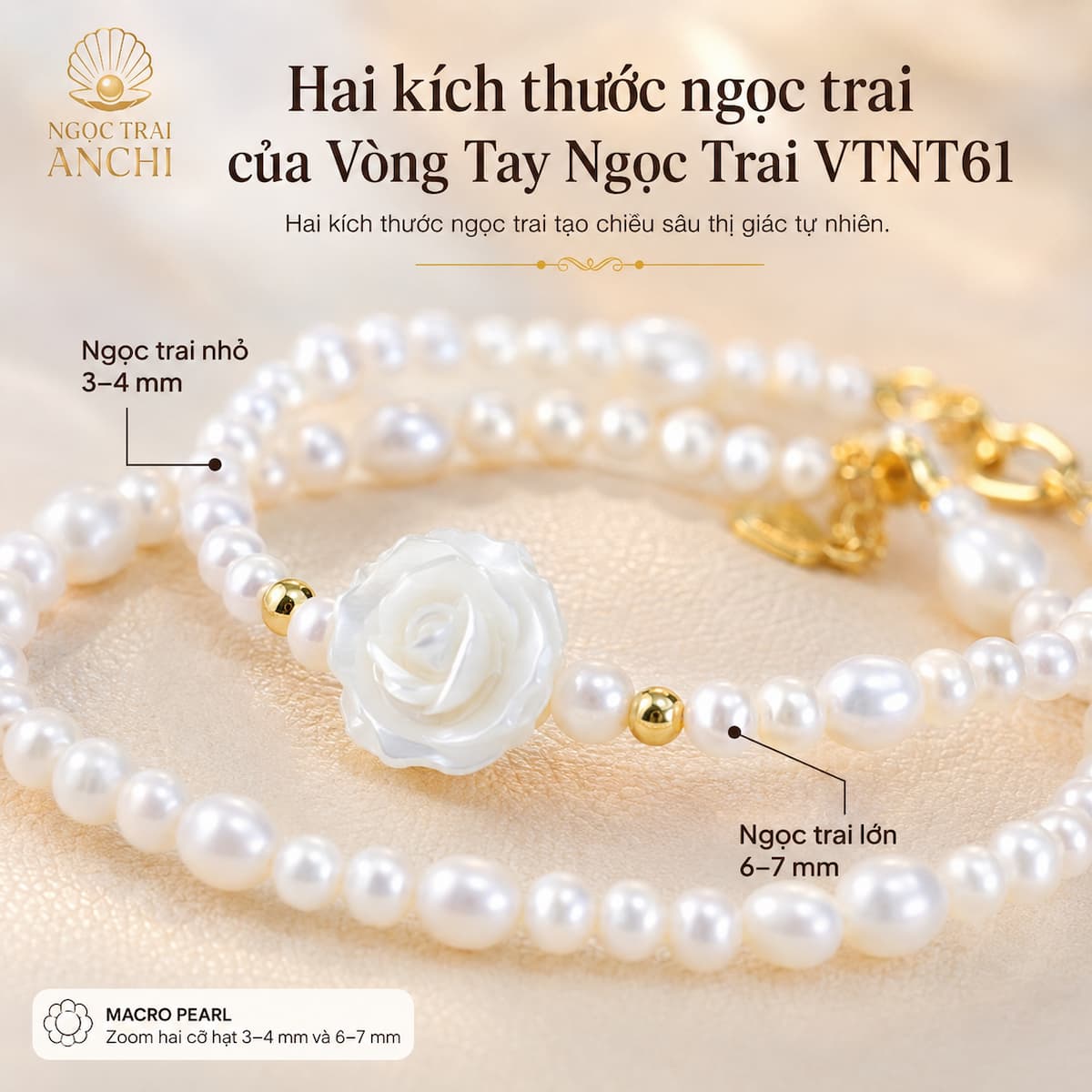 Vòng Tay Ngọc Trai Đeo Quấn 2 Vòng Phối Charm Hoa Hồng Khảm Trai VTNT61 – Thanh Lịch, Nữ Tính