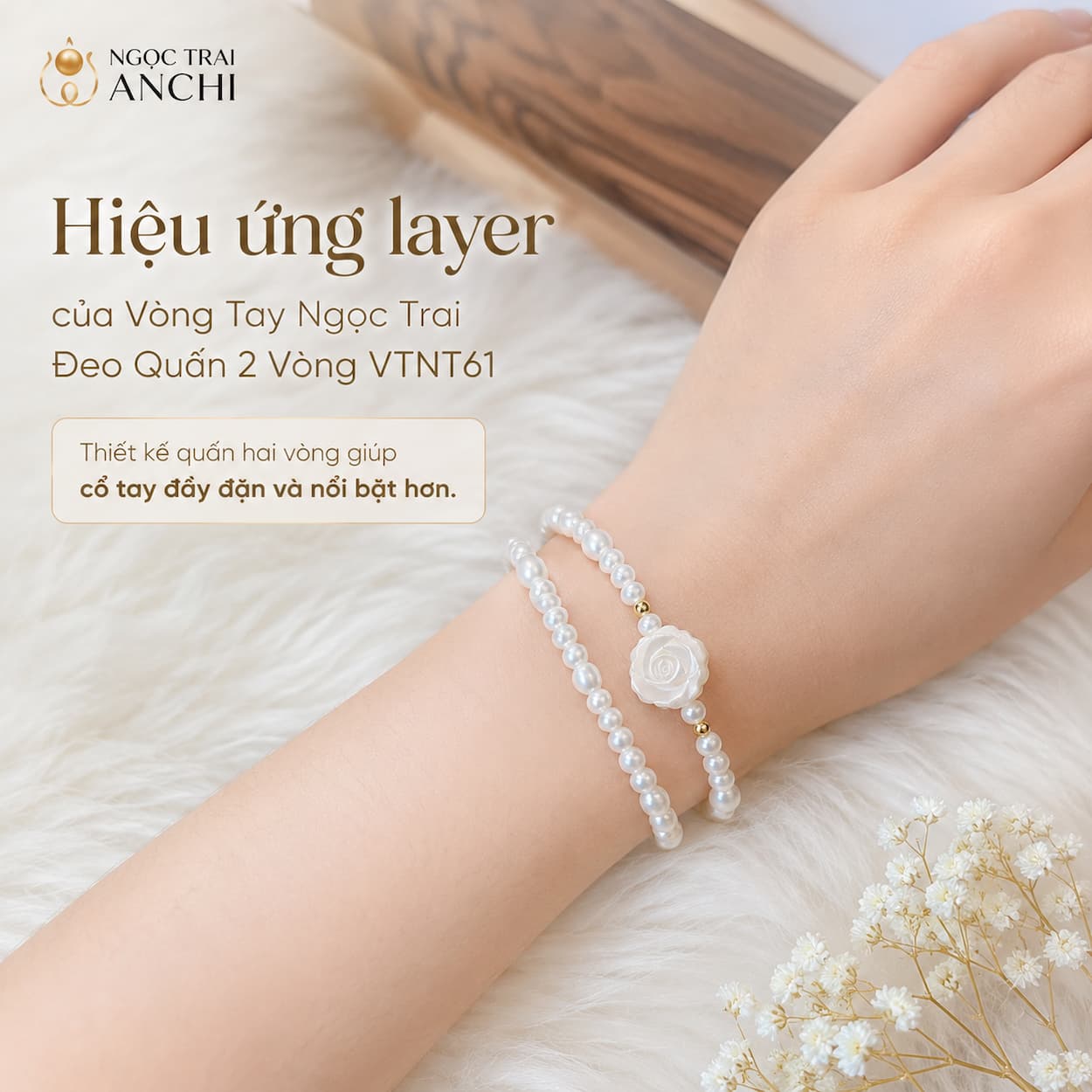 Vòng Tay Ngọc Trai Đeo Quấn 2 Vòng Phối Charm Hoa Hồng Khảm Trai VTNT61 – Thanh Lịch, Nữ Tính
