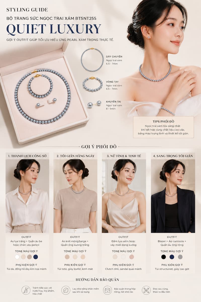 Bộ Trang Sức Ngọc Trai Màu Xám Cao Cấp BTSNT255 – Quiet Luxury Thanh Lịch Và Hiện Đại