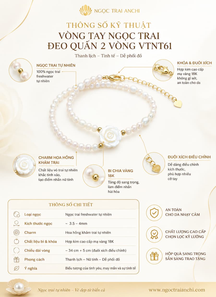 Vòng Tay Ngọc Trai Đeo Quấn 2 Vòng Phối Charm Hoa Hồng Khảm Trai VTNT61 – Thanh Lịch, Nữ Tính