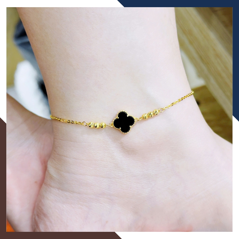 Lắc chân vàng nữ 10k cỏ 4 lá đính đá mã não tự nhiên LCVN46 – 5 màu theo mệnh kim, mộc, thuỷ, hoả, thổ