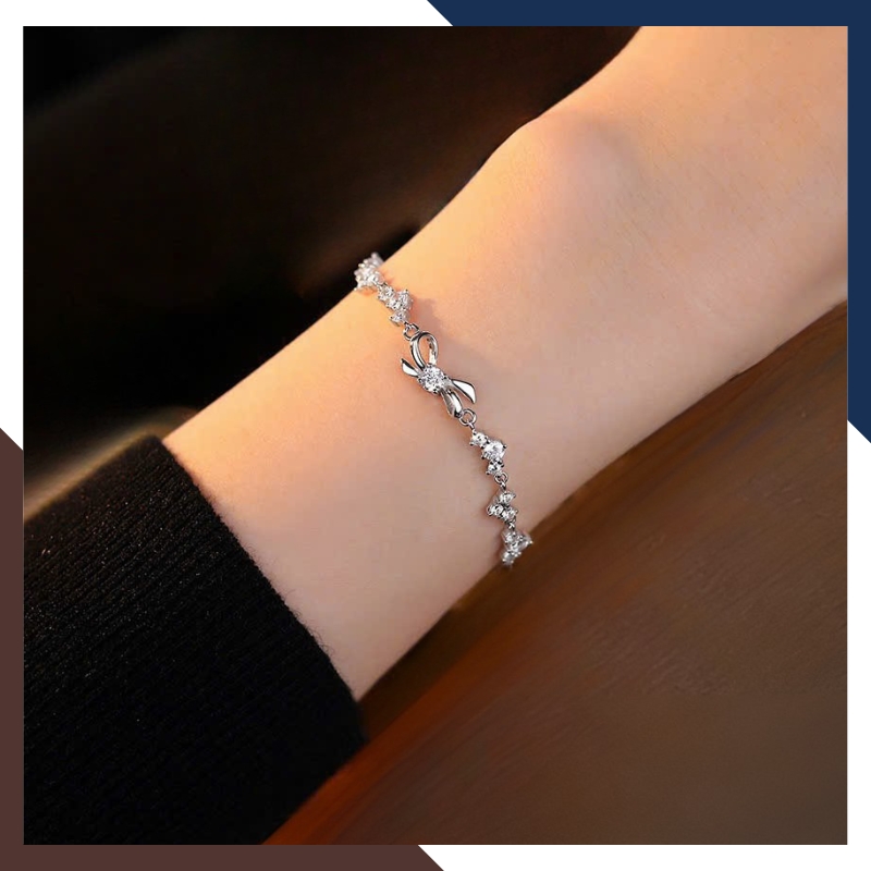 Lắc Tay Bạc Nữ Đính Đá Phối Nơ Dễ Thương LTBN120