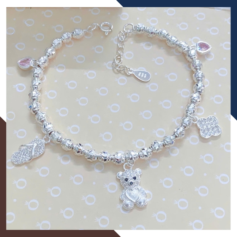 Lắc Tay Bi Bạc Nữ Phối Charm Gấu, Cỏ 4 Lá, Trái Tim, Chiếc Dép Tông LTBN88