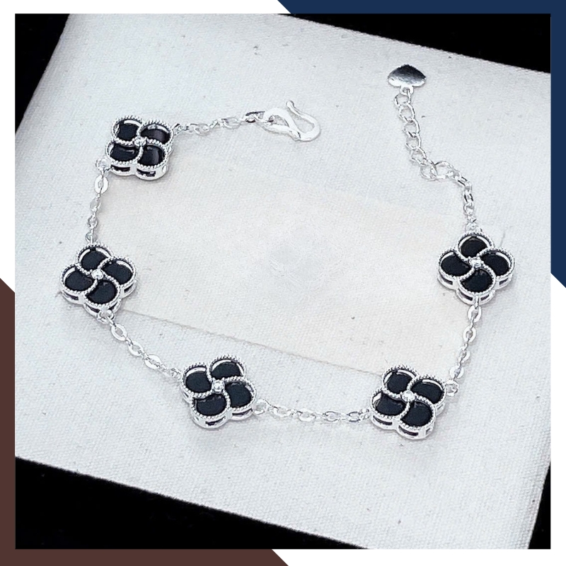 Lắc Tay Cỏ 4 Lá Bạc Nữ Đính Đá 10mm Màu Đen, Đỏ, Trắng, Xanh, Hồng LTBN38