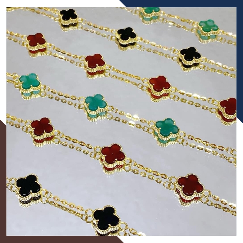 Lắc tay vàng cỏ 4 lá đính đá đen, đỏ, hồng, tím trắng, xanh mã TL88