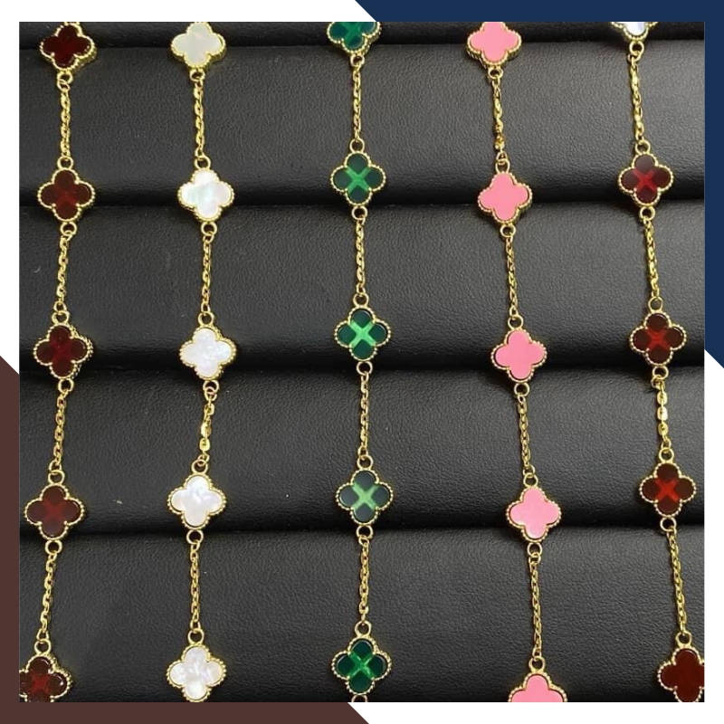Lắc tay vàng cỏ 4 lá đính đá đen, đỏ, hồng, tím trắng, xanh mã TL88