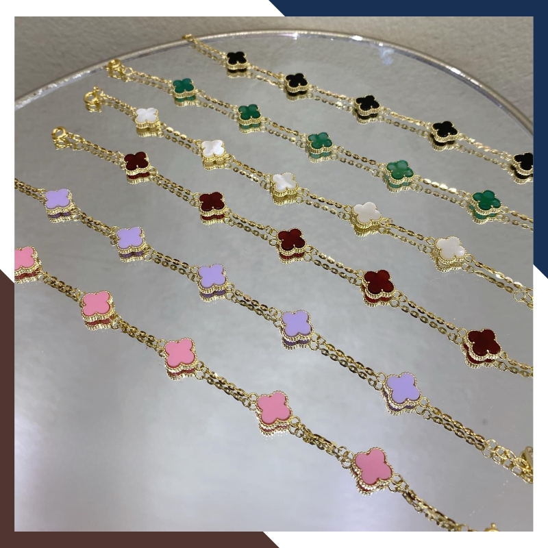 Lắc tay vàng cỏ 4 lá đính đá đen, đỏ, hồng, tím trắng, xanh mã TL88