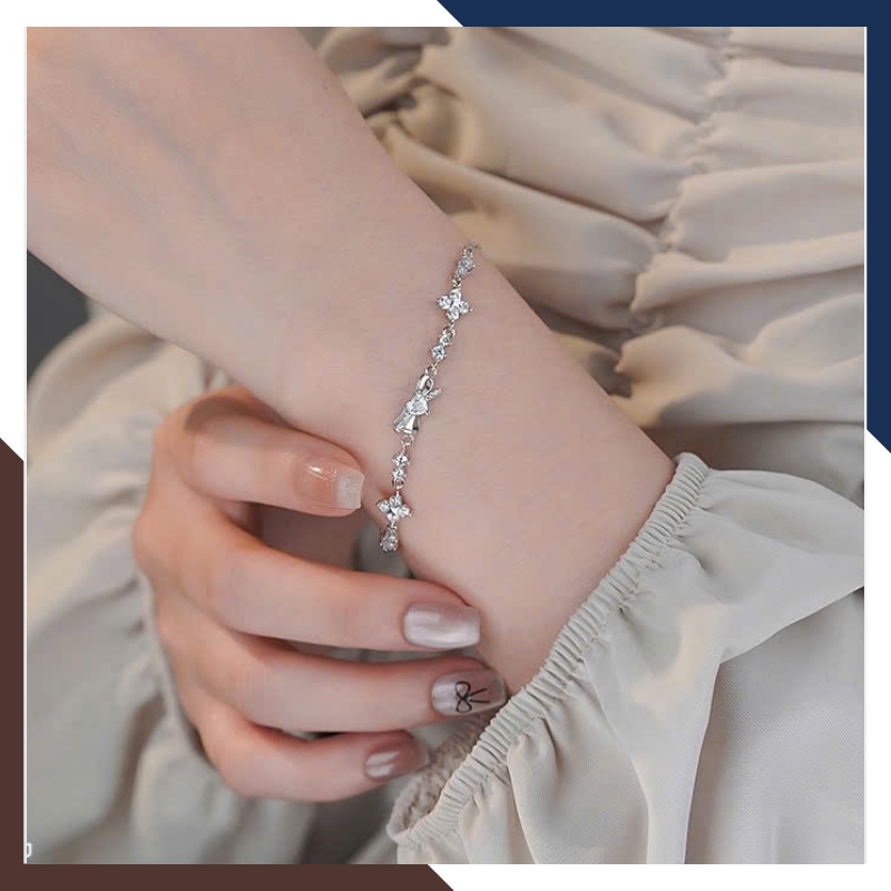 Lắc Tay Cỏ 4 Lá Phối Nơ Bạc Ta Nguyên Chất LTBN48 – Điểm Nhấn Duyên Dáng Cho Phái Đẹp