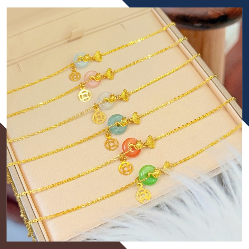 Lắc Tay Phúc Lộc Tình Vàng 10K  LTVN243 - Charm Hồ Ly & Kim Tiền Phối Đồng Điếu Đá Tự Nhiên