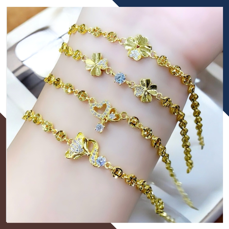 Lắc Tay Vàng Nữ Kim Tiền 10K Phối Charm Cỏ 4 Lá / Hồ Ly / Trái Tim LTVN250 – Sang Trọng, May Mắn, Thu Hút Tài Lộc