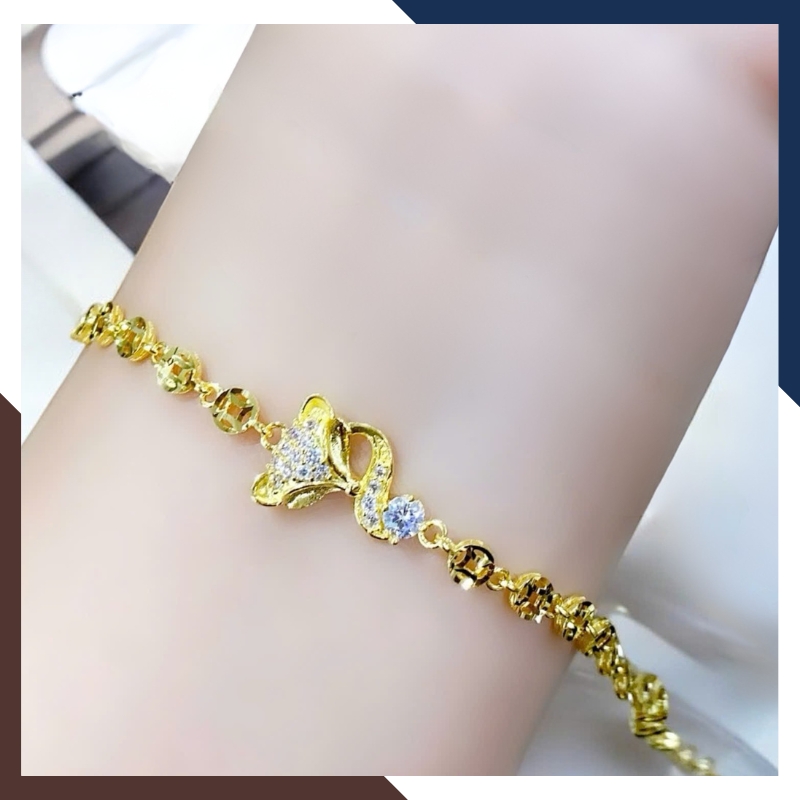 Lắc Tay Vàng Nữ Kim Tiền 10K Phối Charm Cỏ 4 Lá / Hồ Ly / Trái Tim LTVN250 – Sang Trọng, May Mắn, Thu Hút Tài Lộc