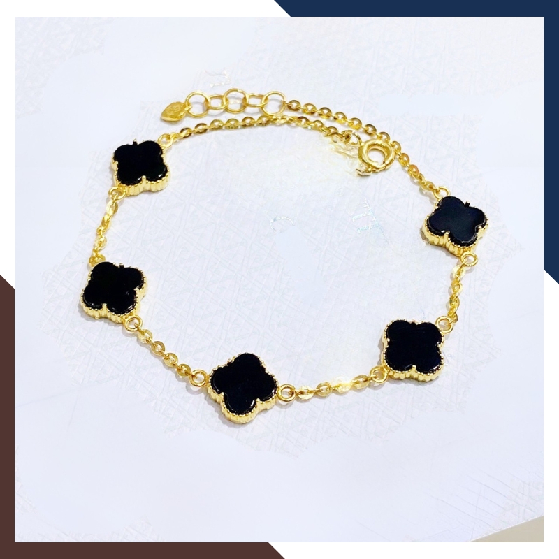 Lắc Tay Vàng Cỏ 4 Lá Đính Đá Mã Não10mm Cho Nữ LTVN180 | Vàng Tây 10k