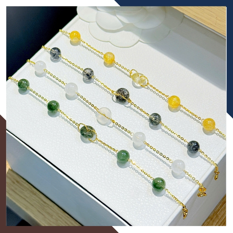 Lắc Tay Vàng Nữ 10K Gắn 5 Hạt Thạch Anh Tóc Tự Nhiên LTVN236