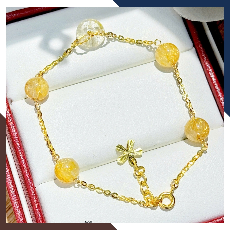 Lắc Tay Vàng Nữ 10K Gắn 5 Hạt Thạch Anh Tóc Tự Nhiên LTVN236