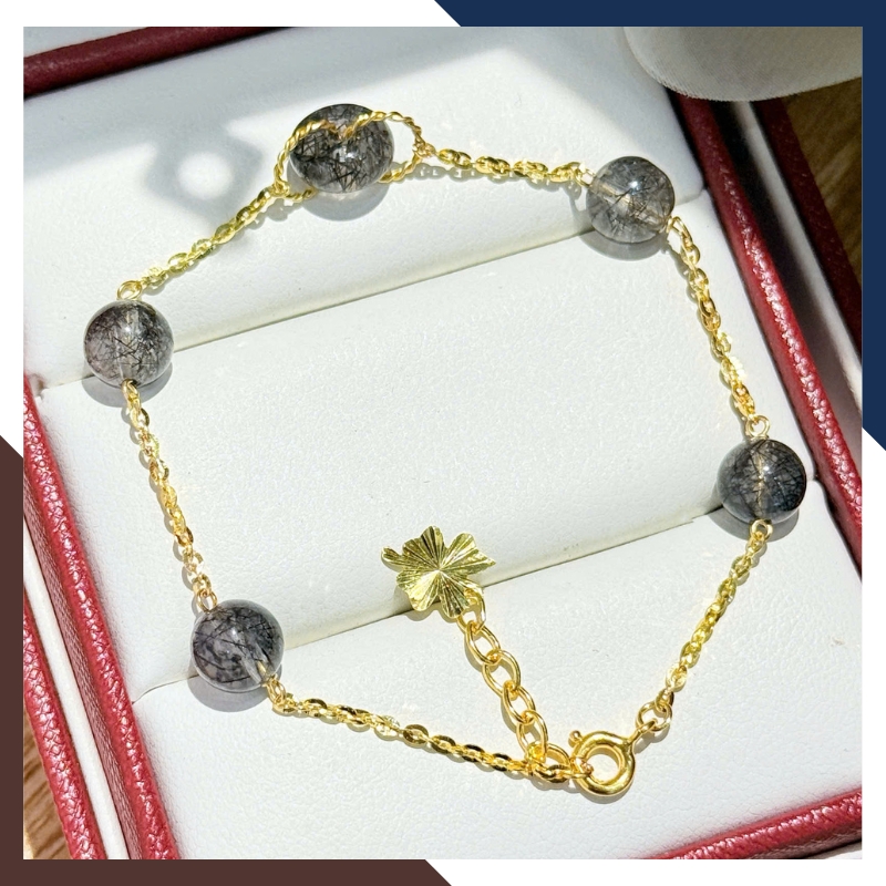 Lắc Tay Vàng Nữ 10K Gắn 5 Hạt Thạch Anh Tóc Tự Nhiên LTVN236