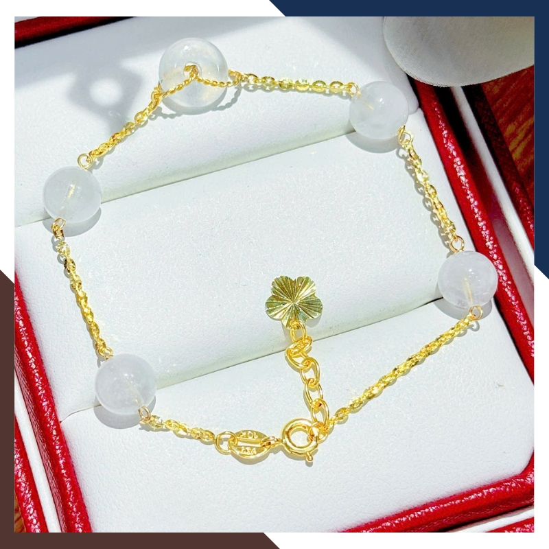 Lắc tay vàng nữ 10K gắn 5 hạt thạch anh tóc tự nhiên LTVN236 – phù hợp mệnh Kim Mộc Thủy Thổ