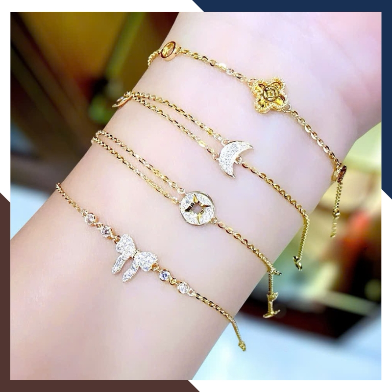 Lắc Tay Vàng Nữ 10K Mix Charm LTVN386 – Dây Mảnh Thanh Lịch, 5 Mẫu Charm Ý Nghĩa