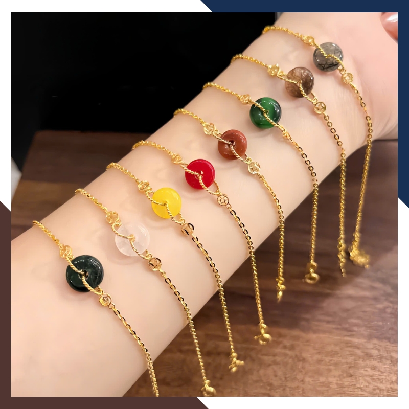 Lắc Tay Vàng Nữ 10K Mix Đồng Điếu Đá Phong Thuỷ Hợp Mệnh Kim Mộc Thuỷ Hoả Thổ LTVN241