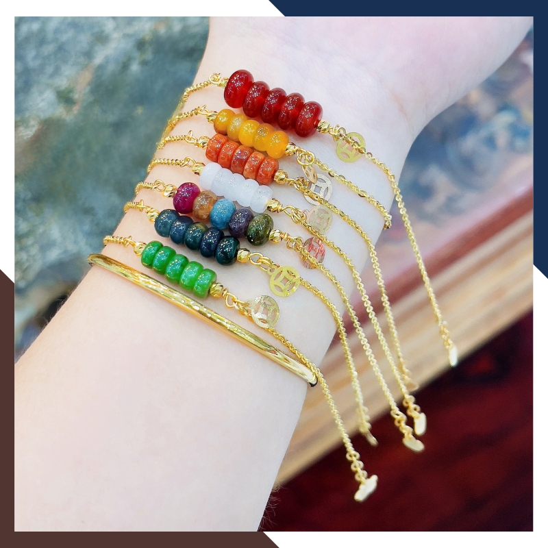 Lắc Tay Vàng Nữ 10k Mix Ngũ Điếu LTVN228 – Đá Tự Nhiên Hợp Mệnh Chiêu Tài Hộ Thân