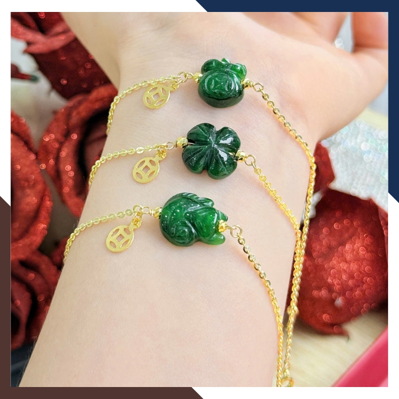 Lắc tay vàng nữ 10k mix tỳ hưu – hồ ly – cỏ 4 lá – túi tiền đá phong thuỷ LTVN222