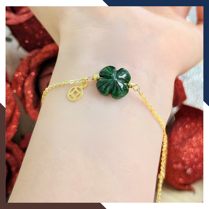 Lắc tay vàng nữ 10k mix tỳ hưu – hồ ly – cỏ 4 lá – túi tiền đá phong thuỷ LTVN222