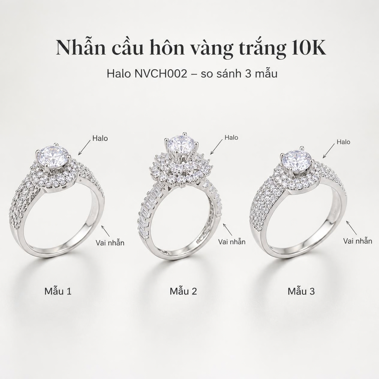 Nhẫn Cầu Hôn Vàng Trắng 10K Halo NVCH002 – 3 Mẫu Thiết Kế