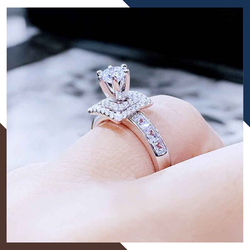 Nhẫn Cầu Hôn Vàng Trắng, Nhẫn Vàng Tây Nữ 10k Đính Hột Đá Nhô Cao Đẹp NVN153