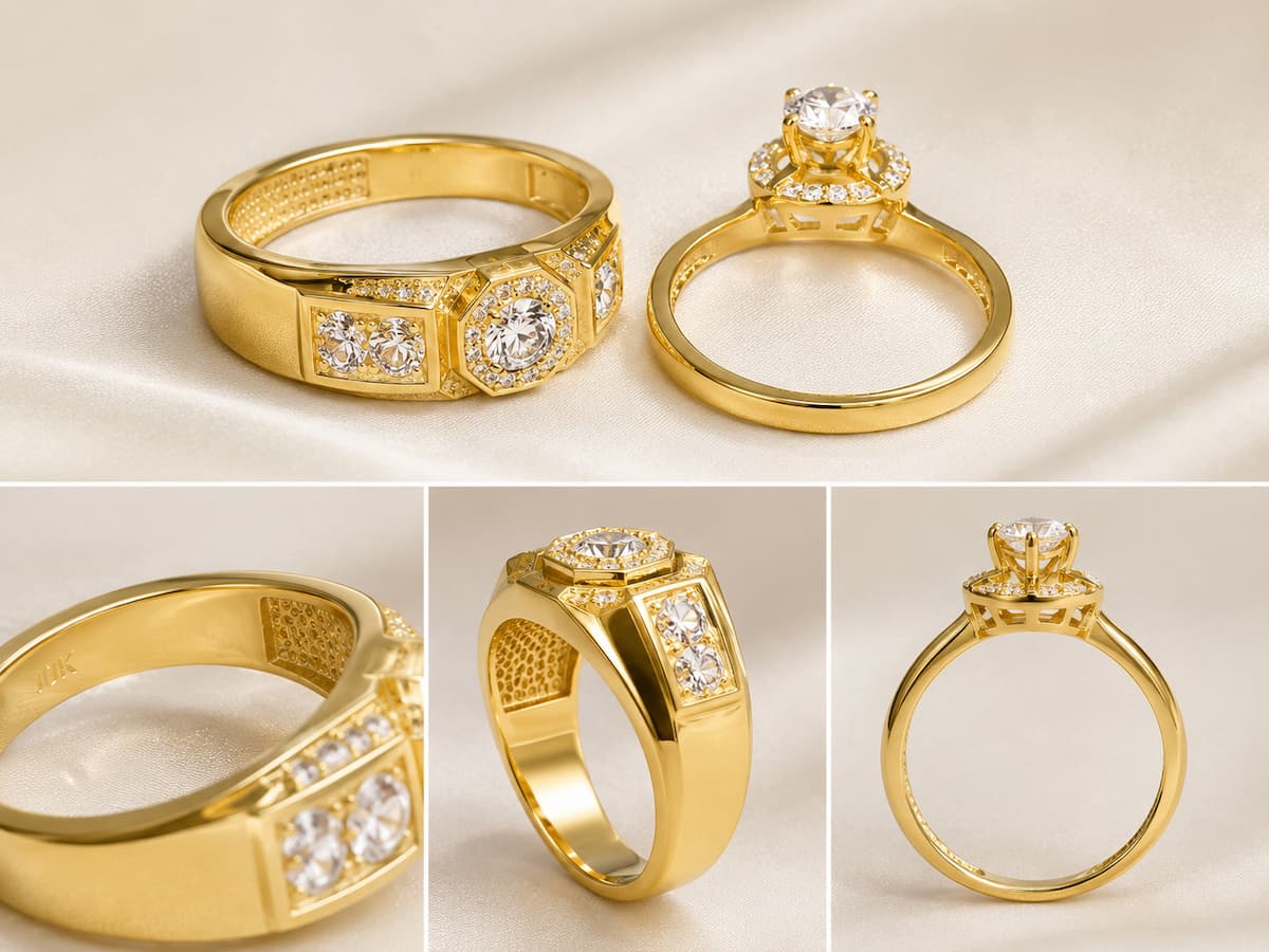 Cặp Nhẫn Cưới Vàng Tây 10K NVCD167 – Nữ Solitaire Halo, Nam Bản Lớn Đa Lớp
